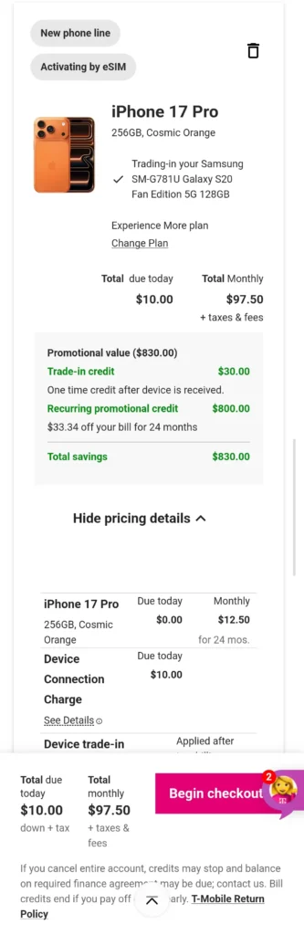 Carrier iPhone 17 Pro Deal T-Mobile