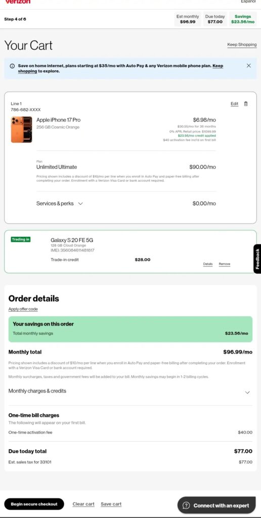 Verizon iPhone 17 Pro trade in cart
