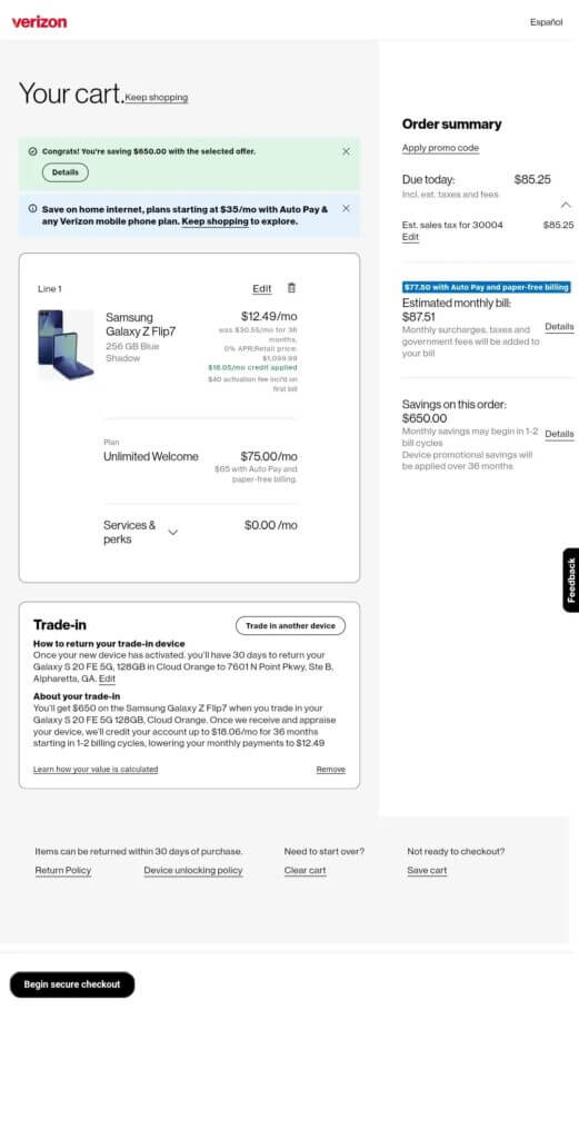 Verizon Samsung deal for Z Flip 7 at checkout