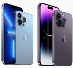 iphone 13 pro in blue, iphone 14 pro in deep purple.