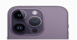 Close up of camera on iPhone 14 Deep Purple.