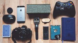 Various electronics displayed on a table