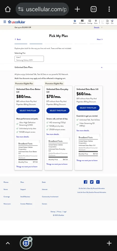 US Cellular S25+ Promotion Mandatory Data Plans