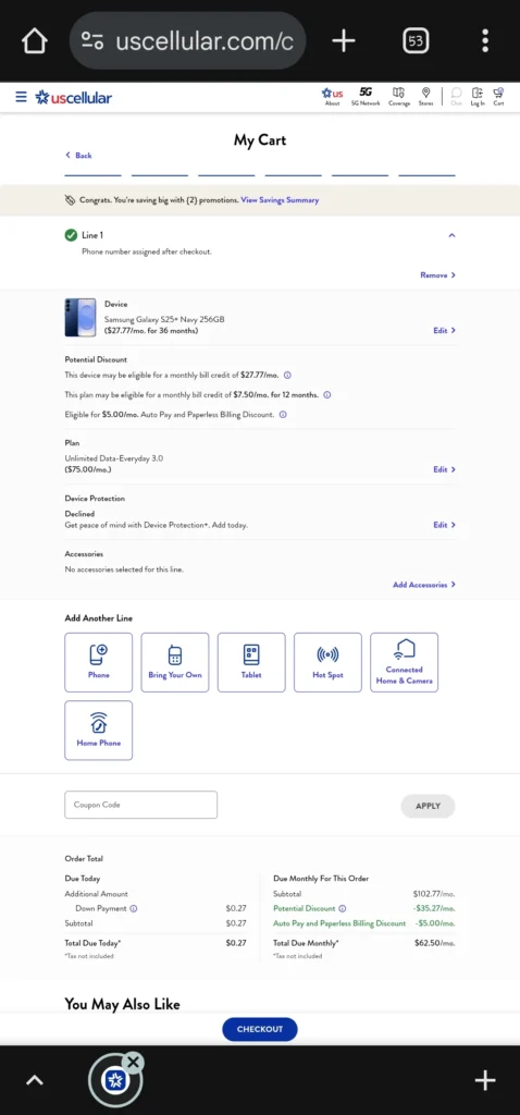 S25+ Checkout from US Cellular